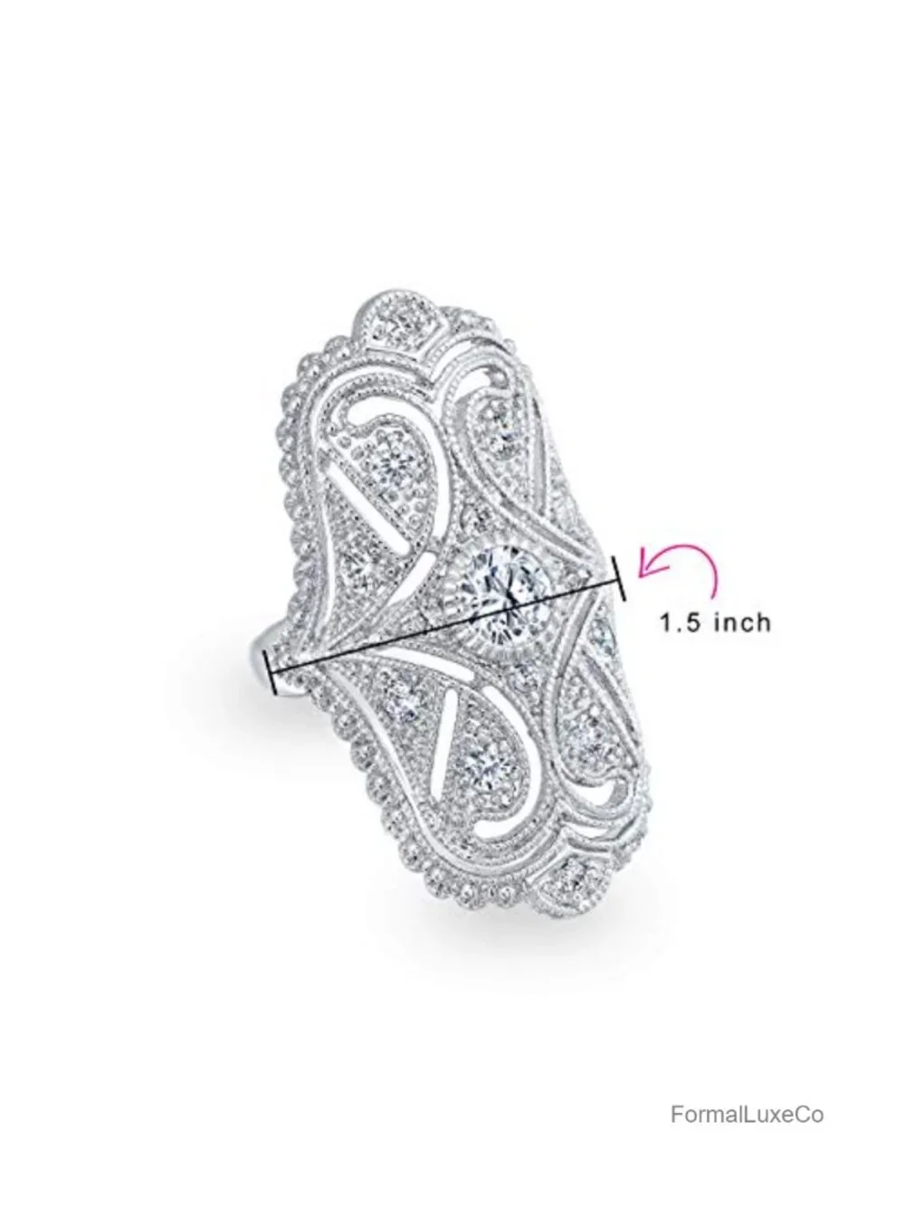 Art Deco CZ Wide Armor Full Finger Statement Ring Rhodium